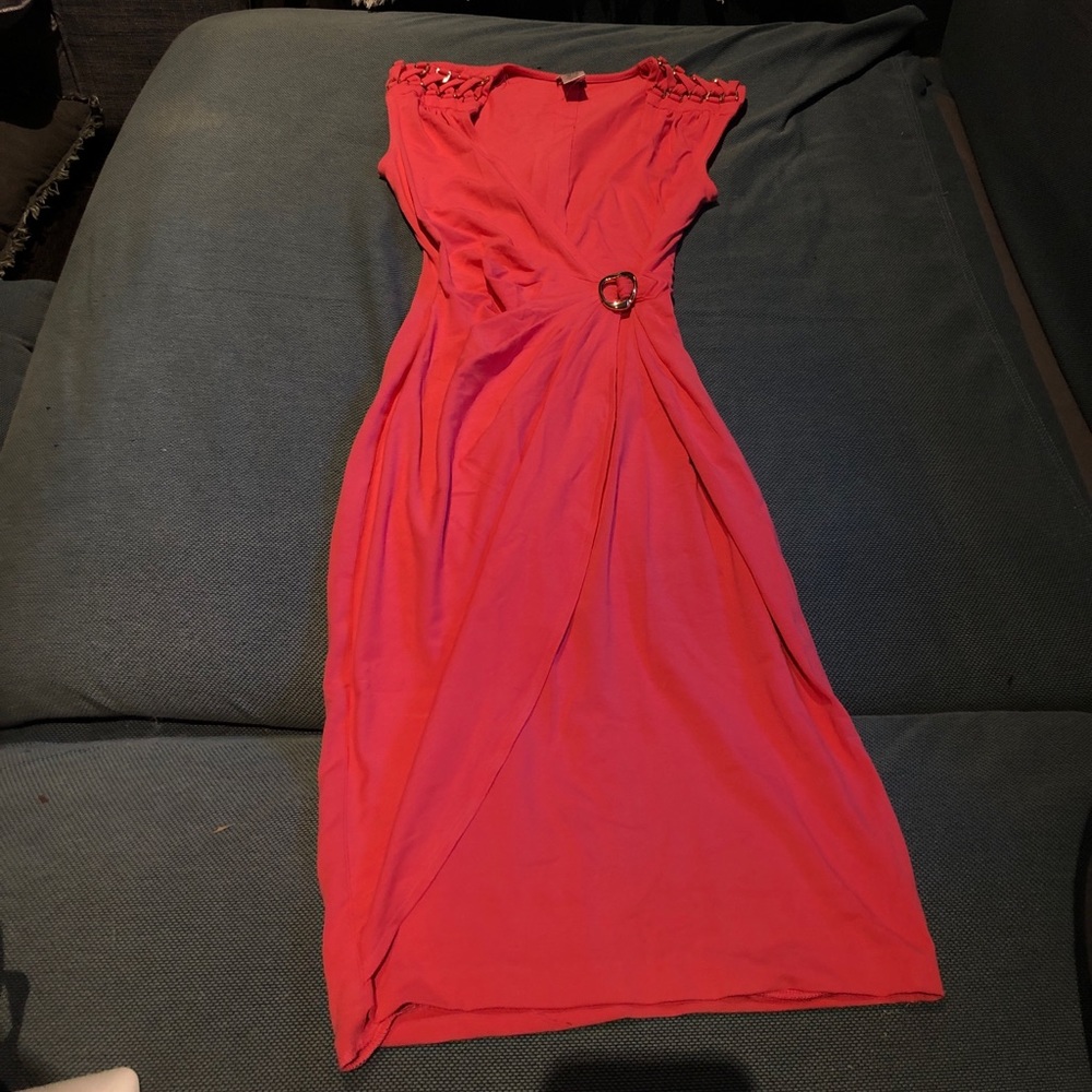 pink cache dress with metallic details